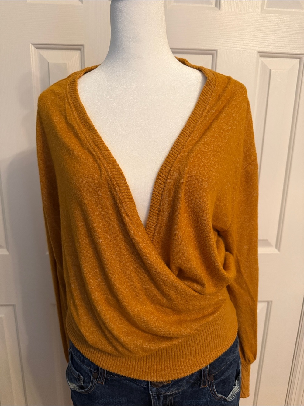 Anthropologie Draped V-Neck Sweater in Mustard Yellow/ brown